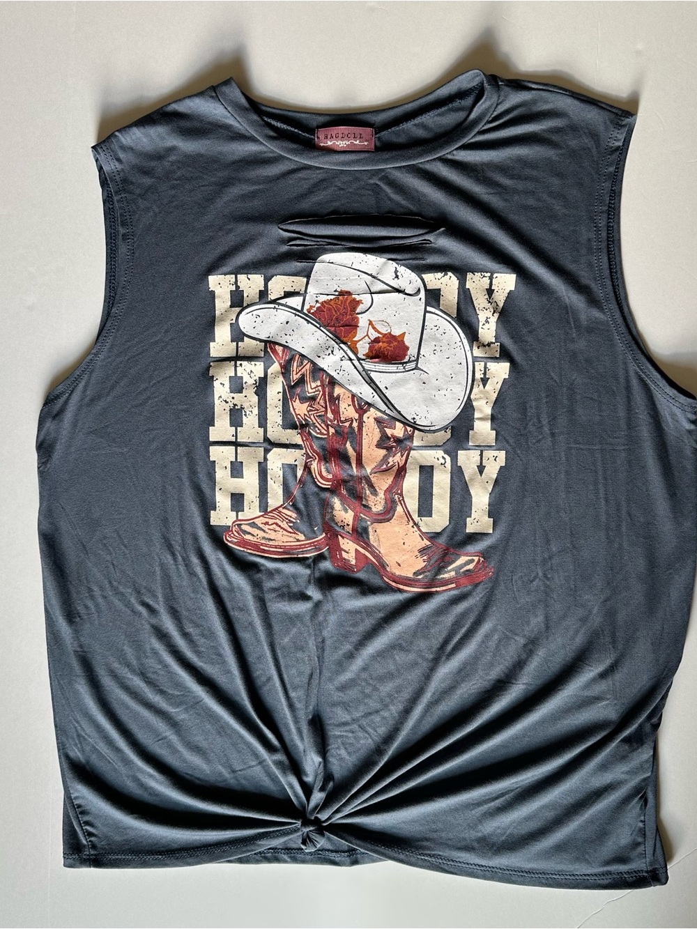 Ragdoll Black Muscle Tee with White Cowboy Graphic and Brown Boots